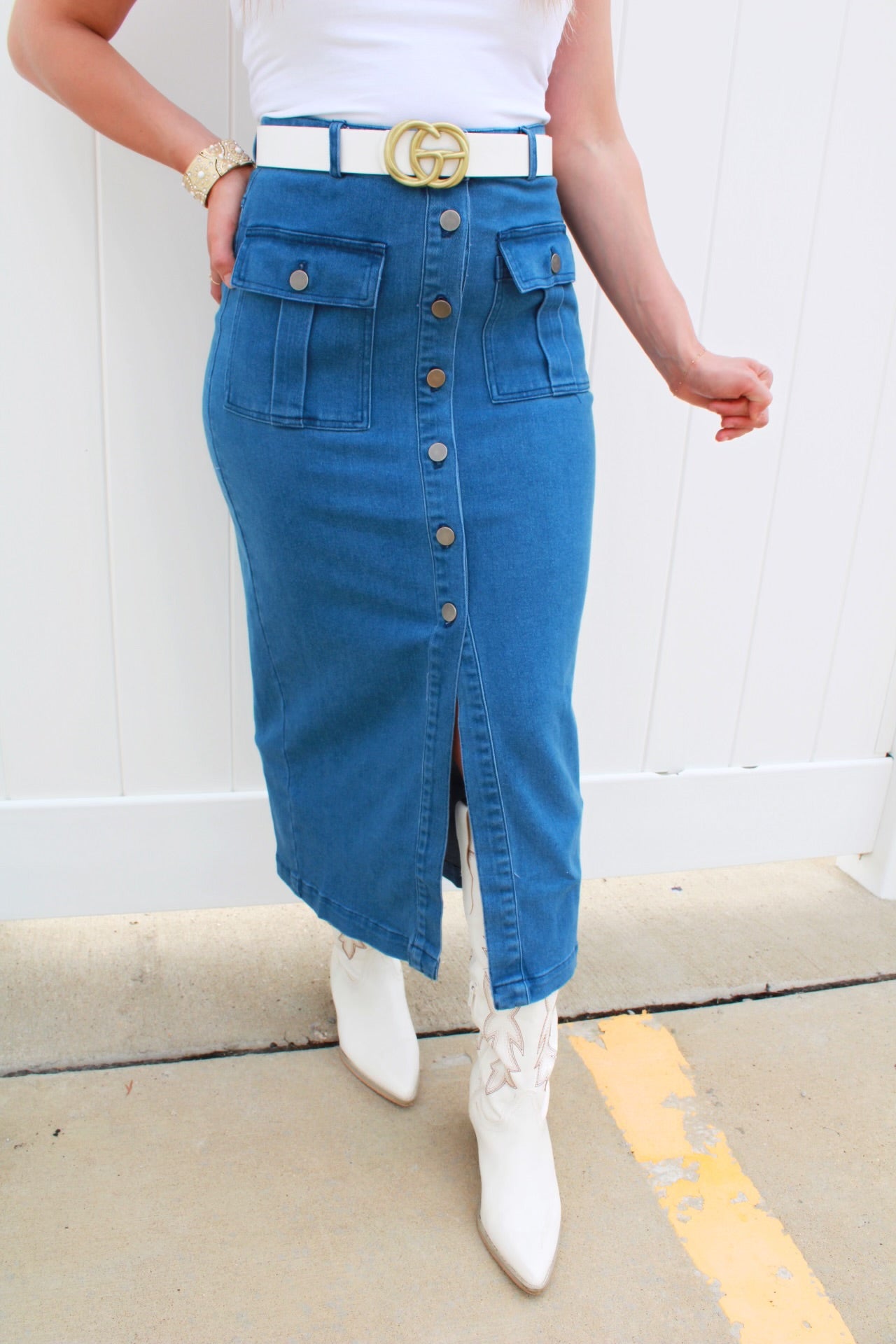 Your Type Denim Button Down Midi Skirt