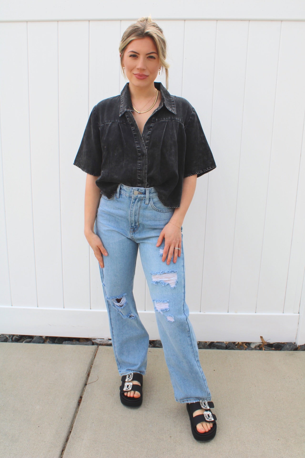 Talk Later Acid Washed Button Down