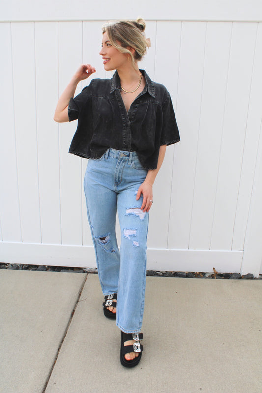 Talk Later Acid Washed Button Down