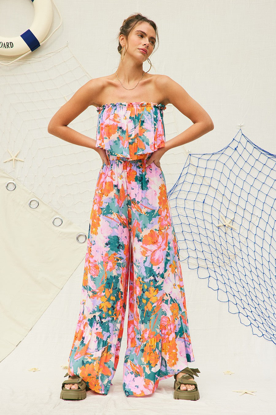 Strapless Wide Leg Floral Jumpsuit