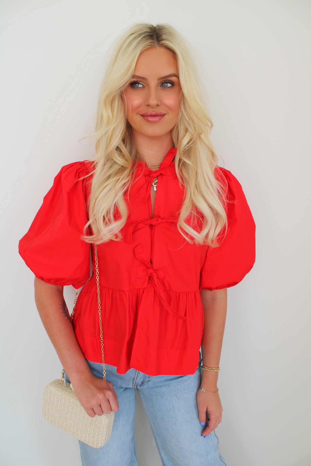 Coral Red Front Tie Top