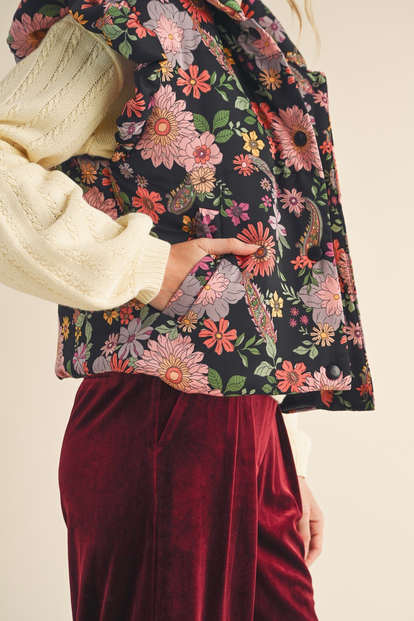 Floral Ruffle Sleeve Puffer Vest