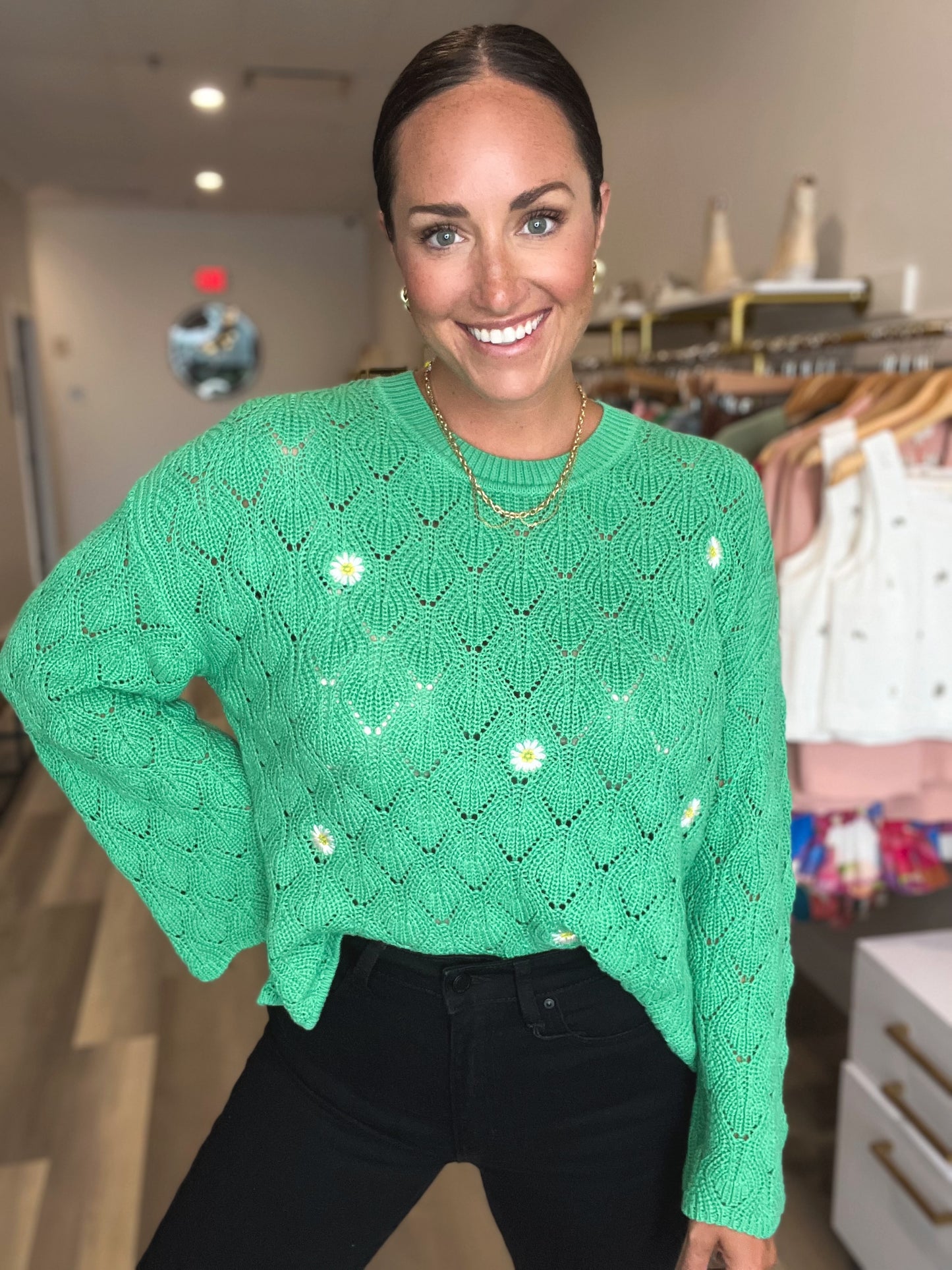 Daisy Embroidered Bell Sleeve Sweater