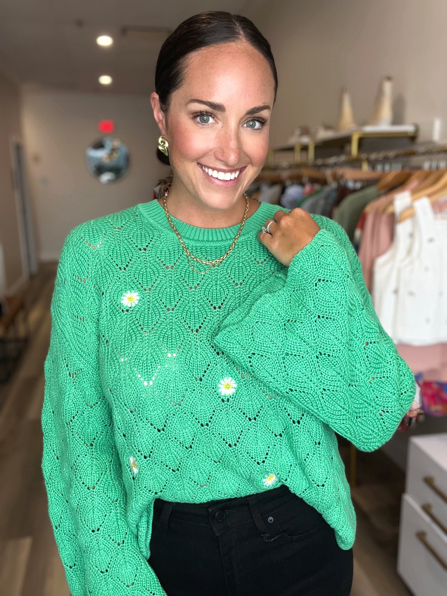 Daisy Embroidered Bell Sleeve Sweater