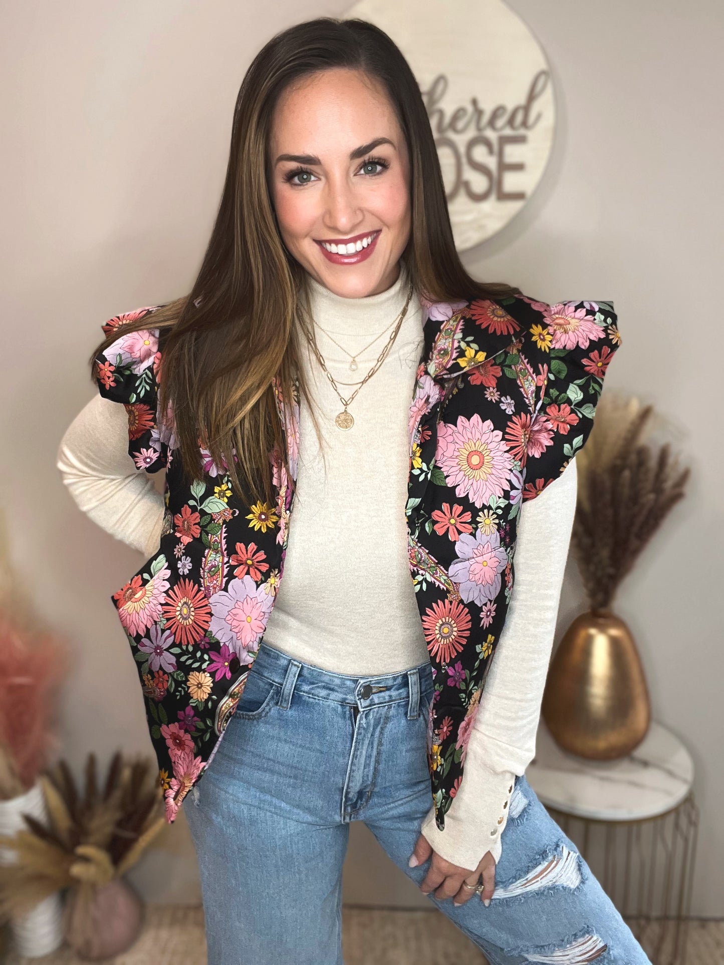 Floral Ruffle Sleeve Puffer Vest