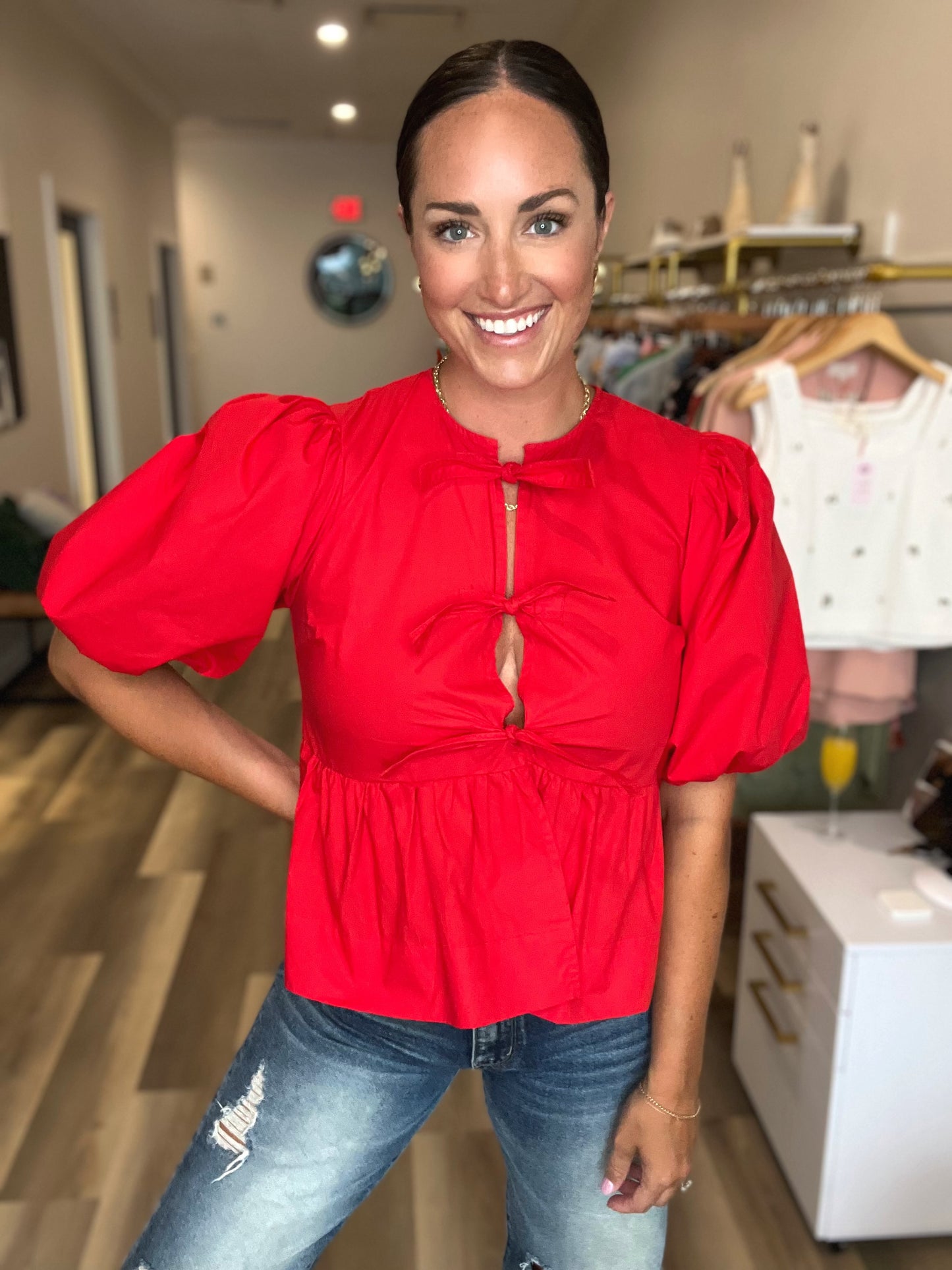 Coral Red Front Tie Top