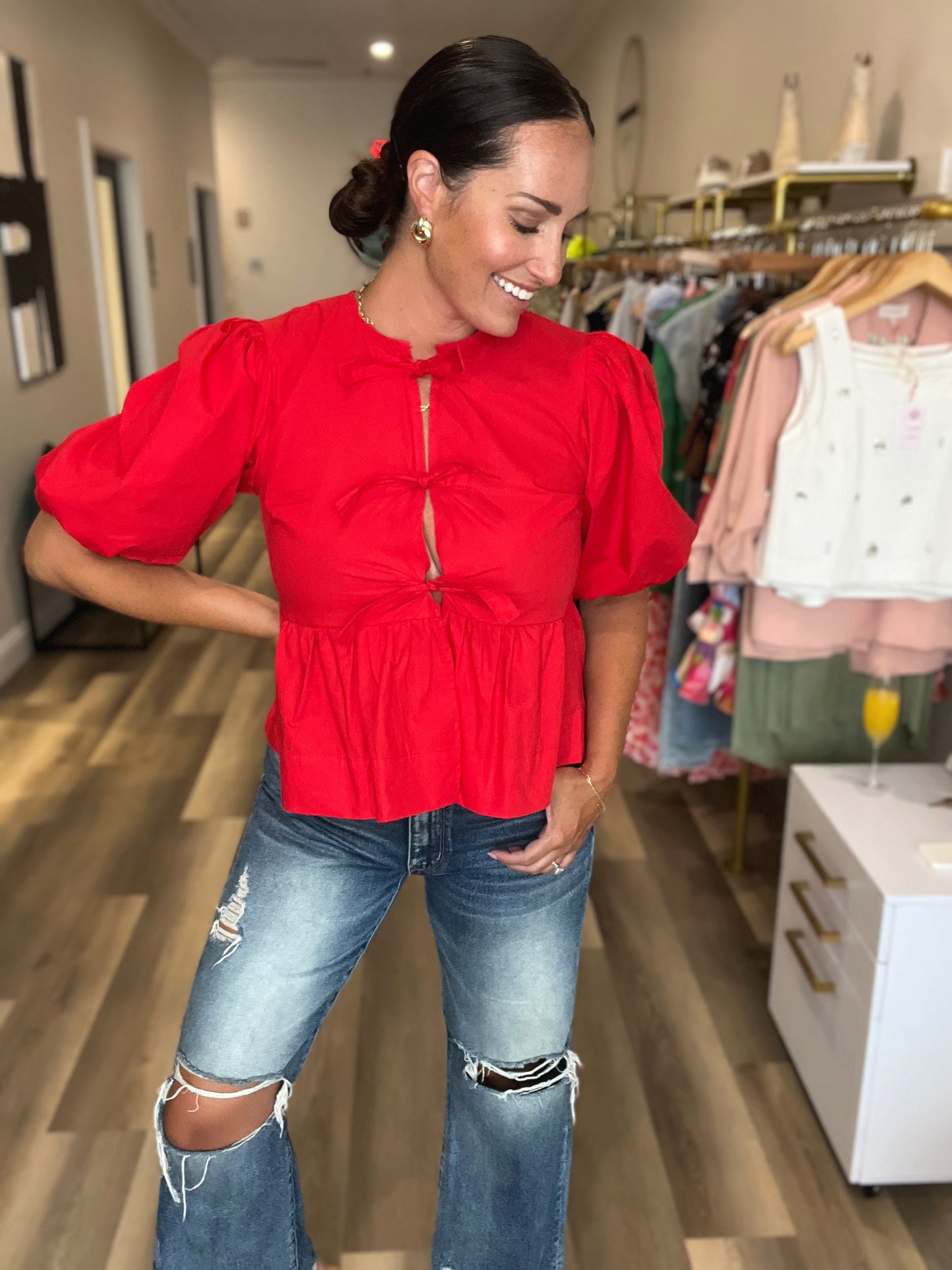 Coral Red Front Tie Top
