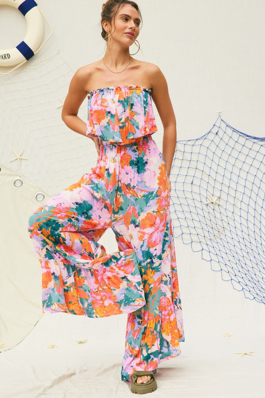 Strapless Wide Leg Floral Jumpsuit