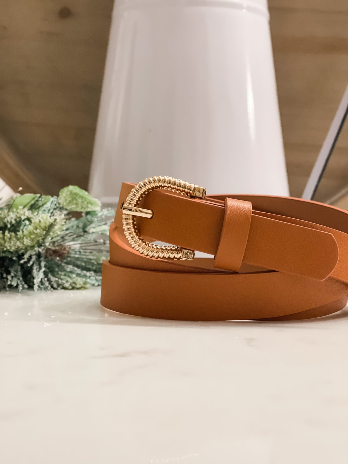 Womens brown belt with gold buckle