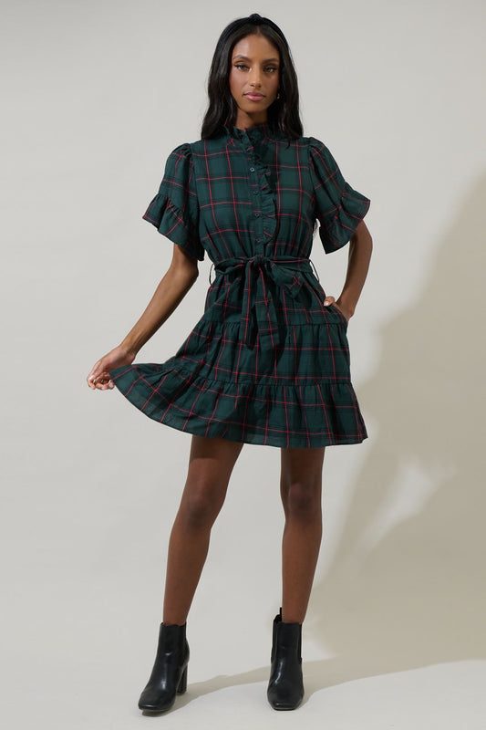 Brook Plaid Cottonwood Ruffle Mini Dress