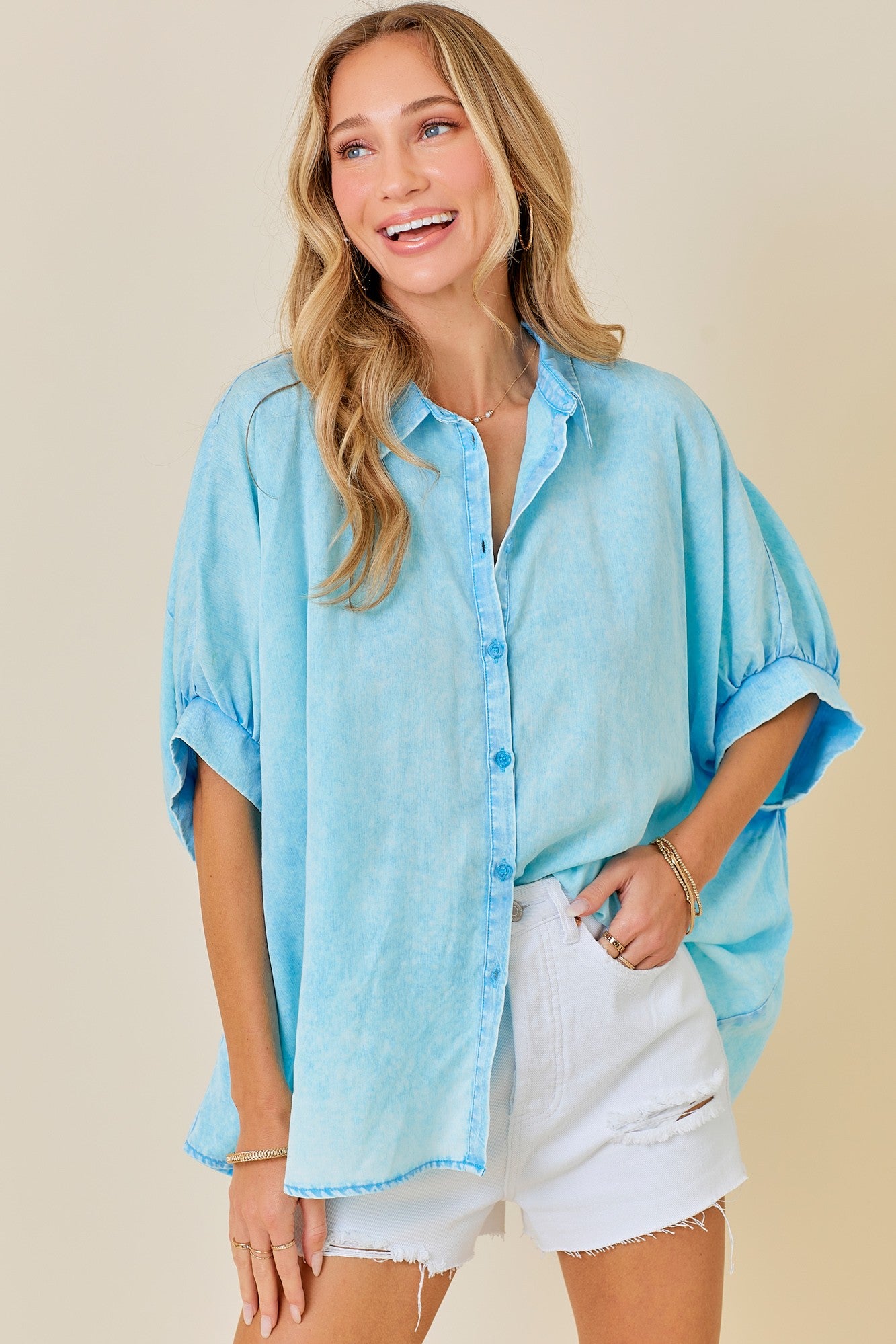 Sky Blue Mineral Washed Button Down