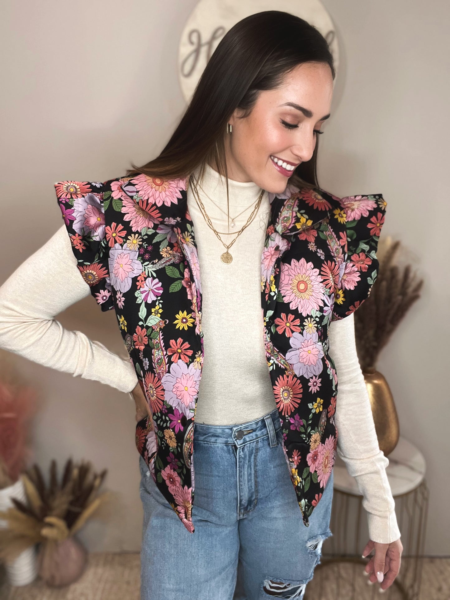 Floral Ruffle Sleeve Puffer Vest