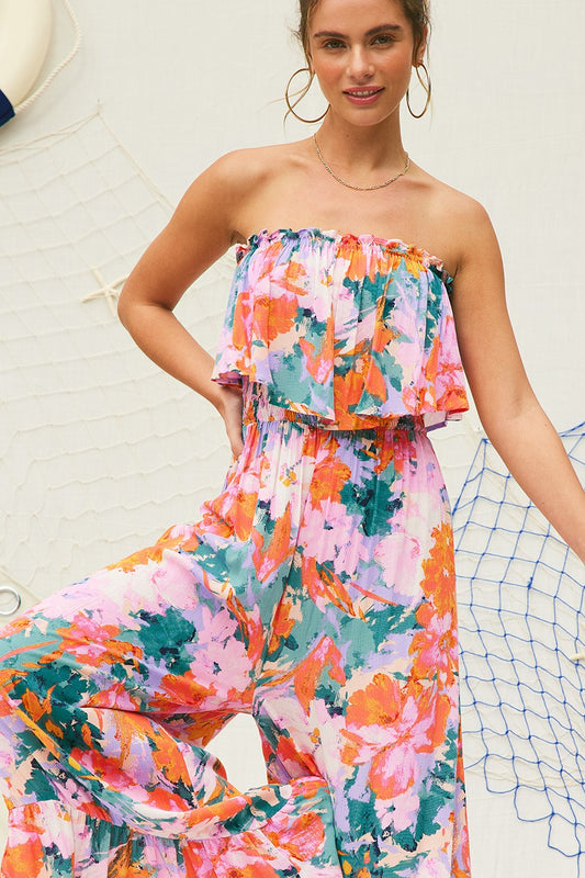 Strapless Wide Leg Floral Jumpsuit